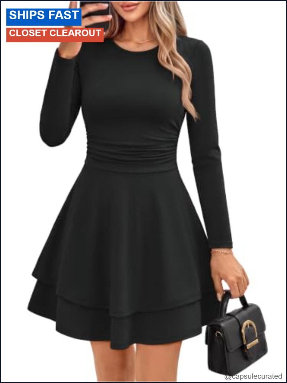 Long Sleeve Mini Party Dress with Pockets Ruffle A-Line Fit & Flare